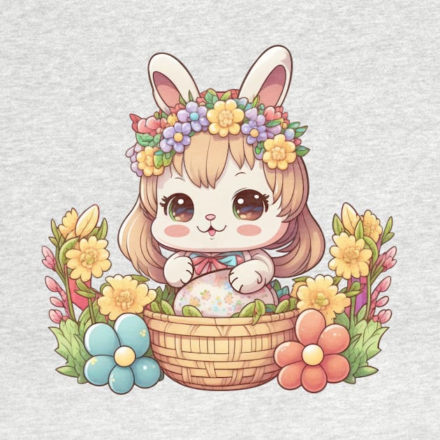 Anime Easter Bunny Girl In Basket. Spring Rainbow Flowers and Easter Eggs by ElenaDro